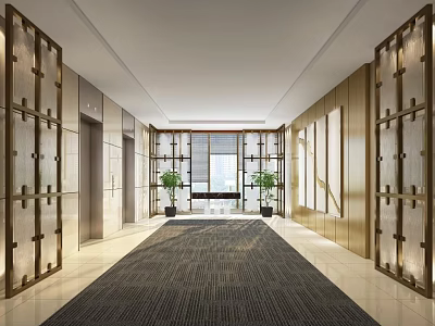 Modern Elevator Lobby Interior With Spacious Hallway Carpet Decorative Plants And Glass Doors 3d model