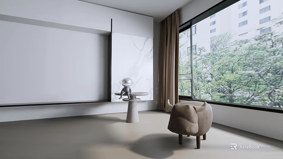Modern Beige Sofa Stool In Room With Large Windows Green Trees And Marble Wall 3d model 