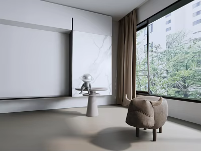 Modern Beige Sofa Stool In Room With Large Windows Green Trees And Marble Wall 3d model