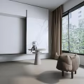 Modern Beige Sofa Stool In Room With Large Windows Green Trees And Marble Wall