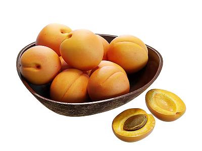 Fresh Ripe Apricots In Wooden Bowl With Whole And Halved Fruits 3d model