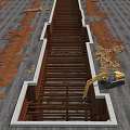 Construction Site Foundation Work In Progress With Yellow Excavator And Steel Beams