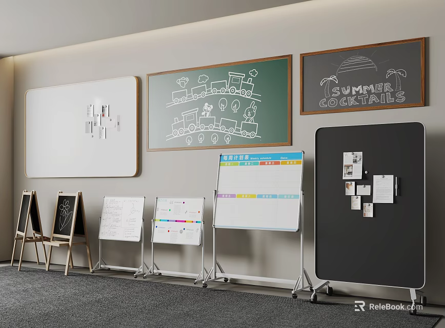 Various Wall Mounted and Stand Up Whiteboards Blackboards with Different Designs 3d model 