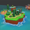 3D Island Scene With Green Plants Red Base White Clouds Small Boat And Blue Water