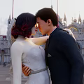 Couple In Wedding Attire Share Romantic Moment In Venice Square