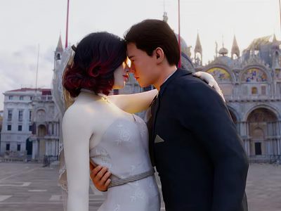 Couple In Wedding Attire Share Romantic Moment In Venice Square 3d model Couple In Wedding Attire Share Romantic Moment In Venice Square 3d model