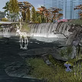 Serene Urban Park Landscape With Waterfall Colorful Trees And Modern Skyscrapers