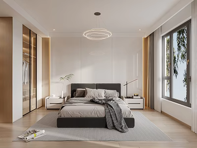 Modern Bedroom Interior Design With Bed Pendant Light Wardrobe And Window View 3d model