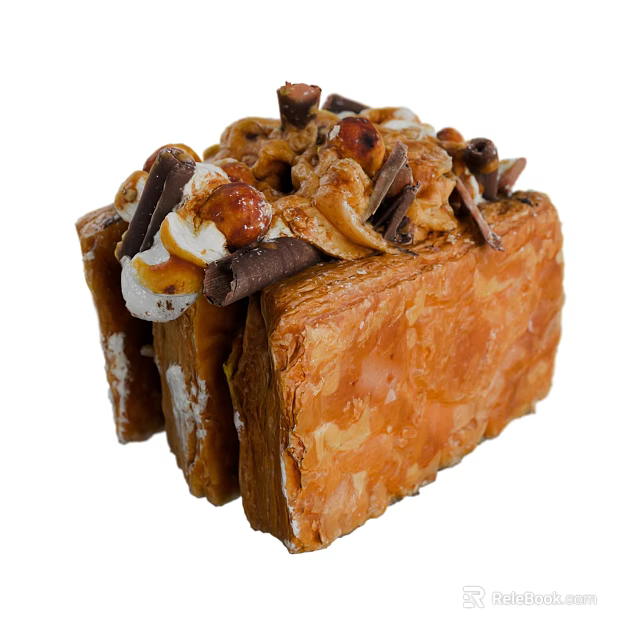 Stacked Puff Pastry Dessert with Cream Chocolate Sticks Nuts and Marshmallows 3d model 