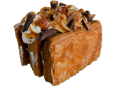 Stacked Puff Pastry Dessert with Cream Chocolate Sticks Nuts and Marshmallows 3d model