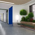 Modern Office Corridor With Blue Accents Green Plants And Seating Areas