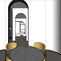 School Reception Area Interior With Yellow Vertical Panel Wall Circular Marble Countertop And Arched Window 3d model