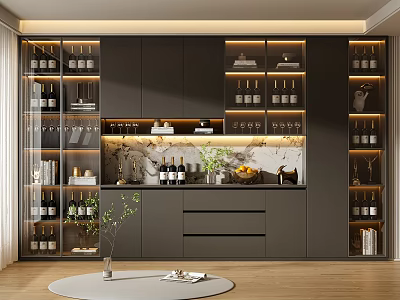 Modern Wine Cabinet Design With Glass Shelves Marble Backdrop And LED Lighting 3d model