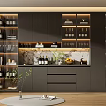 Modern Wine Cabinet Design With Glass Shelves Marble Backdrop And LED Lighting