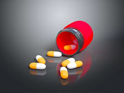 Red Pill Bottle Spilled Orange And White Capsules On Dark Surface 3d model