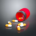 Red Pill Bottle Spilled Orange And White Capsules On Dark Surface 3d model