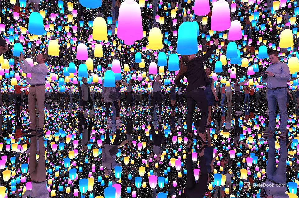 Colorful Decorative Lights in Interactive Space with Reflective Floor and Dreamy Ambiance 3d model 