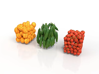 Fresh Yellow Pumpkins Green Peas and Red Strawberries Arranged in Cube Shaped 3d model