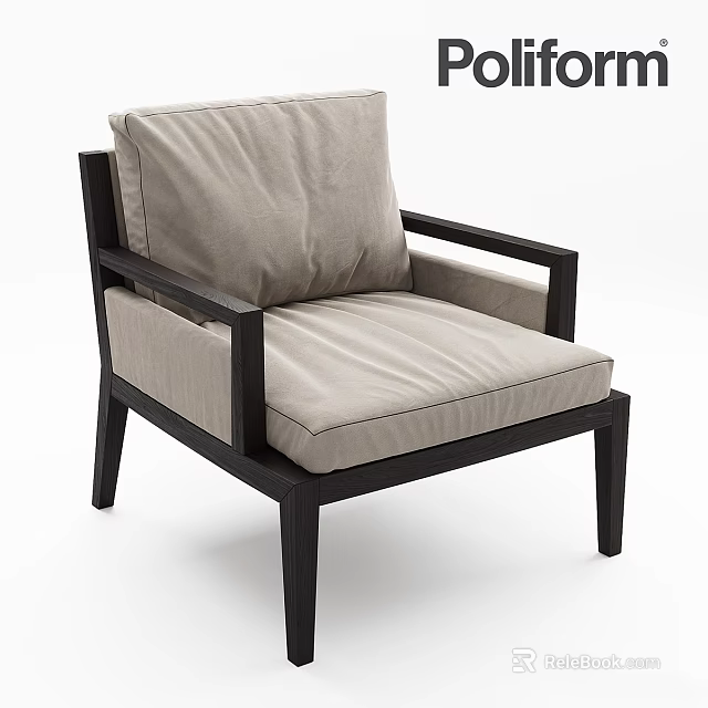 Modern Leisure Chair With Black Wooden Frame And Light Gray Cushion 3d model 
