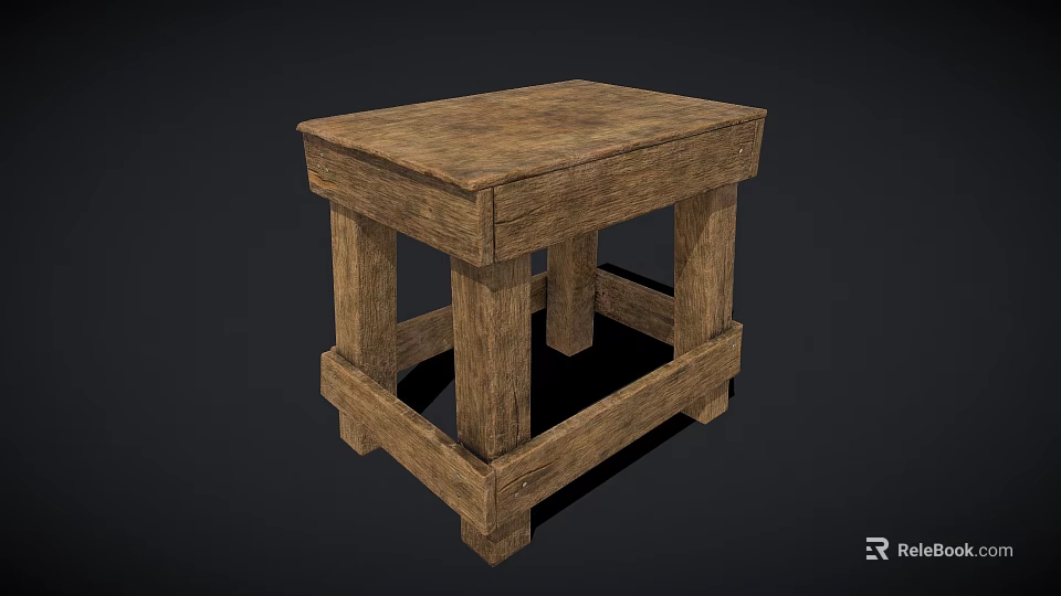 Rustic Wooden Stool with Square Top Solid Wood Legs and Natural Wood Grain 3d model 