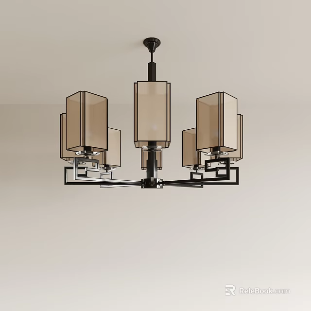 Modern Minimalist Chandelier With Square Shaped Beige Shades And Black Metal Frame 3d model 