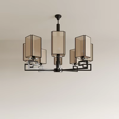 Modern Minimalist Chandelier With Square Shaped Beige Shades And Black Metal Frame 3d model