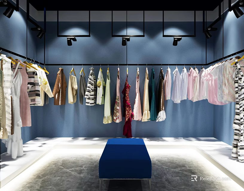 Clothing Store Interior Design With Hanging Clothes Various Colors Blue Walls And Blue Display Bench 3d model 