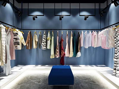 Clothing Store Interior Design With Hanging Clothes Various Colors Blue Walls And Blue Display Bench 3d model