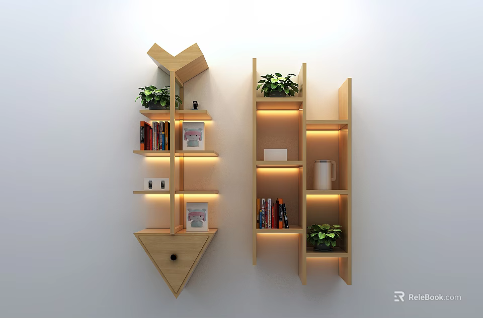 Modern Wall Mounted Decorative Cabinets with Layered Shelves Plants Books Photo Frames Mugs and Lighting 3d model 