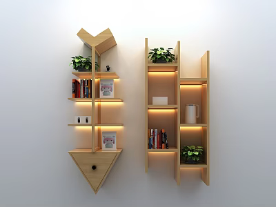Modern Wall Mounted Decorative Cabinets with Layered Shelves Plants Books Photo Frames Mugs and Lighting 3d model
