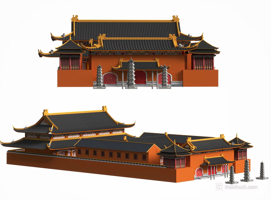 Traditional Chinese Ancient Architecture With Yellow Roofs Red Walls And Curved Eaves 3d model 