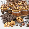 Fresh Chocolate Chip Muffins with Nuts and Cookies by Milk Bottle and Chocolate Chunks