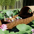 Peaceful Waterside Landscape With Lotus Leaves Pink Flowers Small Boat And Tea Set