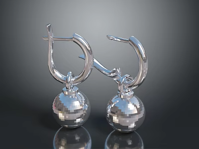 Silver Hoop Earrings With Spherical Shiny Pendant Metallic Finish Modern Design 3d model