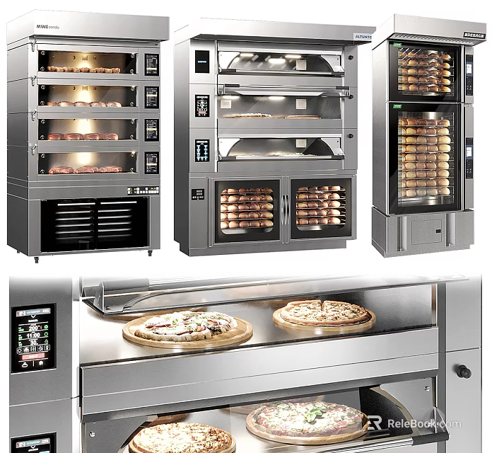 Stainless Steel Kitchen Appliances Featuring Multiple Ovens For Pizza And Bread Baking 3d model 
