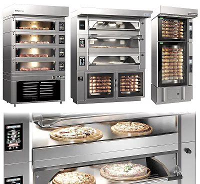 Stainless Steel Kitchen Appliances Featuring Multiple Ovens For Pizza And Bread Baking 3d model