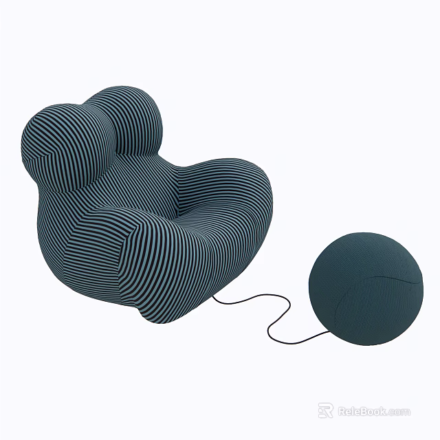 Dark Blue Striped Bean Bag Chair With Round Footstool And String Connection 3d model 