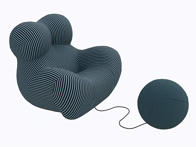 Dark Blue Striped Bean Bag Chair With Round Footstool And String Connection 3d model