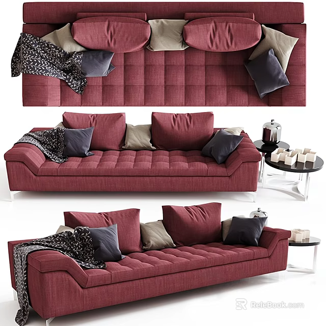 Modern Red Upholstered Sectional Sofa Tufted Design With Pillows Throw Blanket And Side Table 3d model