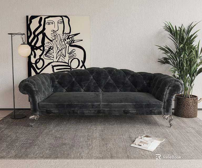 Elegant Tufted Velvet Two Seater Sofa With Metal Legs Abstract Painting And Green Plant 3d model 
