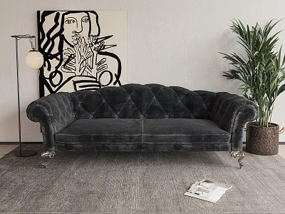 Elegant Tufted Velvet Two Seater Sofa With Metal Legs Abstract Painting And Green Plant 3d model