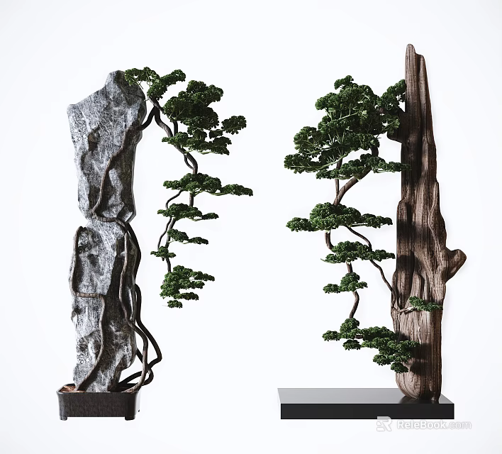 Natural Style Decorative Ornament Set With Rock Tree And Green Plants 3d model 