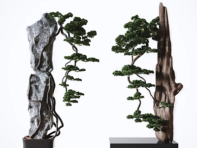 Natural Style Decorative Ornament Set With Rock Tree And Green Plants 3d model