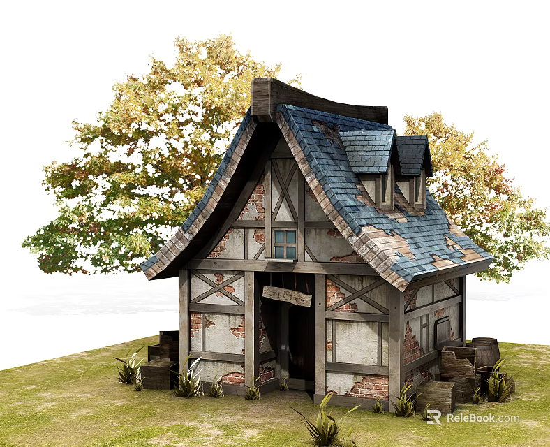 Medieval Style Cottage Featuring Blue Roof Wooden Frame Stone Walls And Trees 3d model 