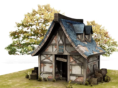 Medieval Style Cottage Featuring Blue Roof Wooden Frame Stone Walls And Trees 3d model