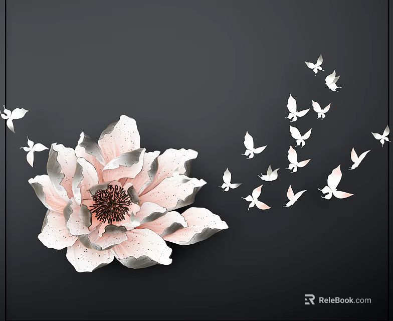 Floral Wall Decor with Large Pink White Petals Dark Center and Flying Bird Accents 3d model 