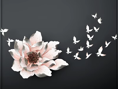 Floral Wall Decor with Large Pink White Petals Dark Center and Flying Bird Accents 3d model