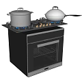 Modern Stainless Steel Kitchen Appliance with Gas Stove Oven Pots Wok and Glass Door