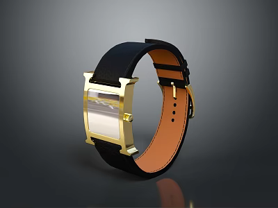 Stylish Modern Wristwatch With Black Leather Strap Gold Case And Square Dial 3d model