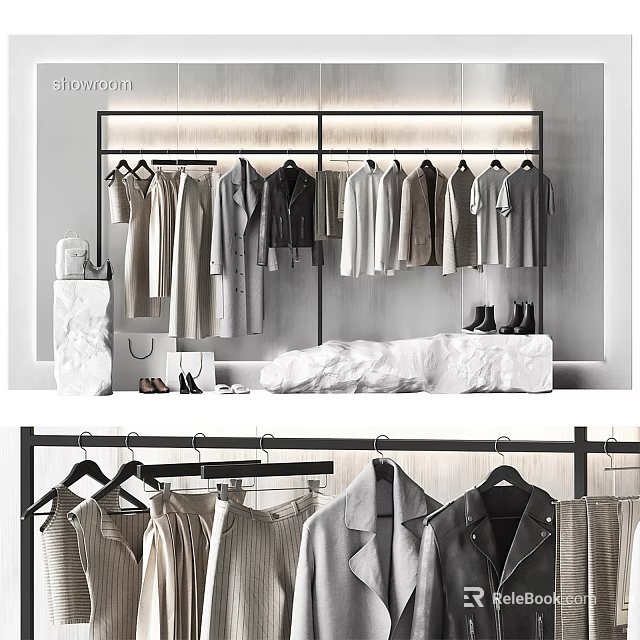 Stylish Clothing Store With Trendy Apparel Hanging Racks Coats Dresses And Fashion Accessories 3d model 